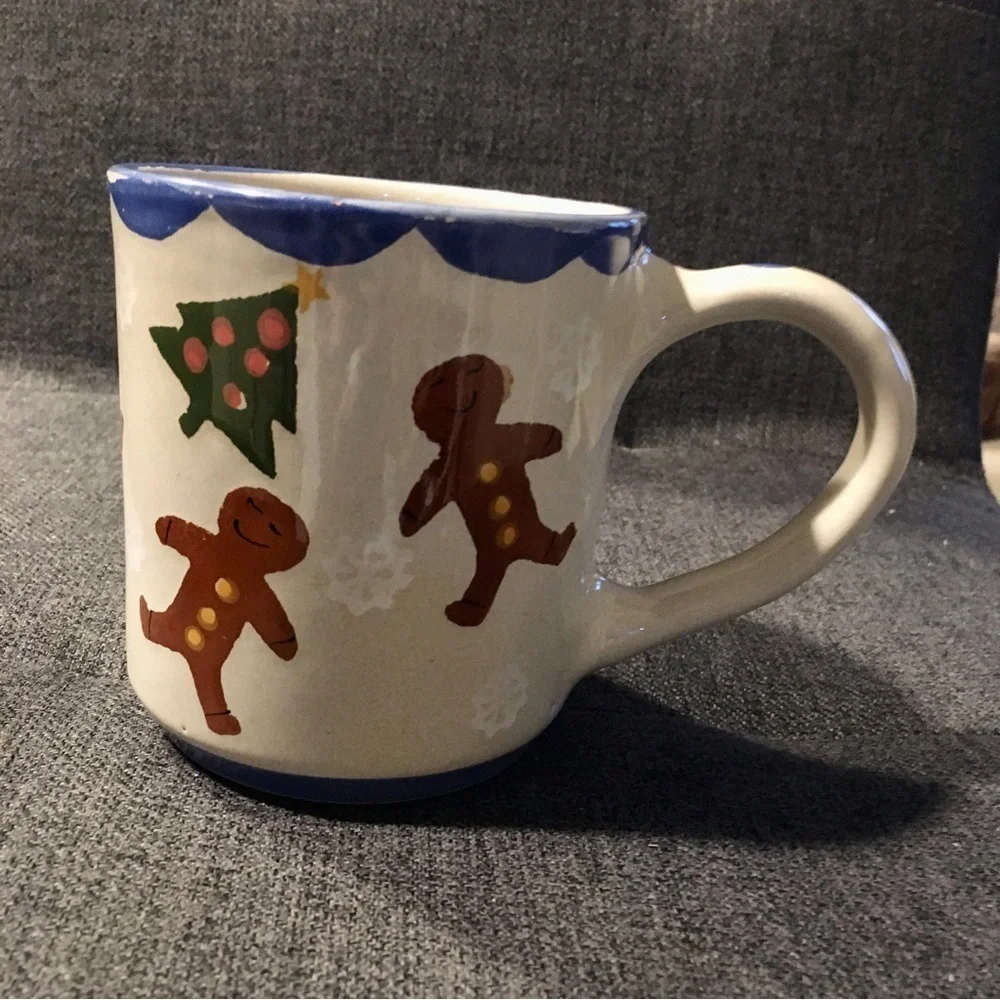 Handcrafted Gingerbread Man Holiday Coffee Mug, Cream, Brown, Blue, Green, 12 oz